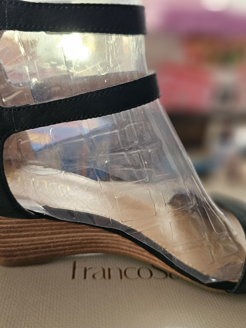 Franco Sarto Black Strappy Sandal with Brown Wood-Look Heel